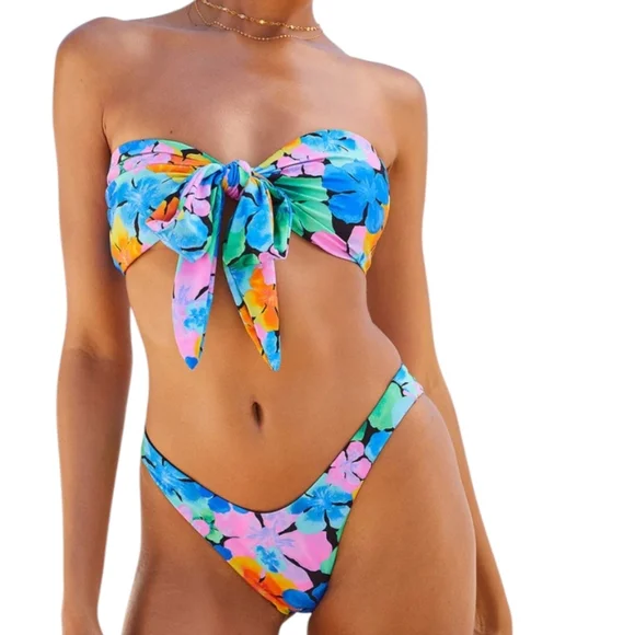 Lulus pink blue nova floral two piece bikini swimsuit swimwear swim top small - Picture 1 of 7